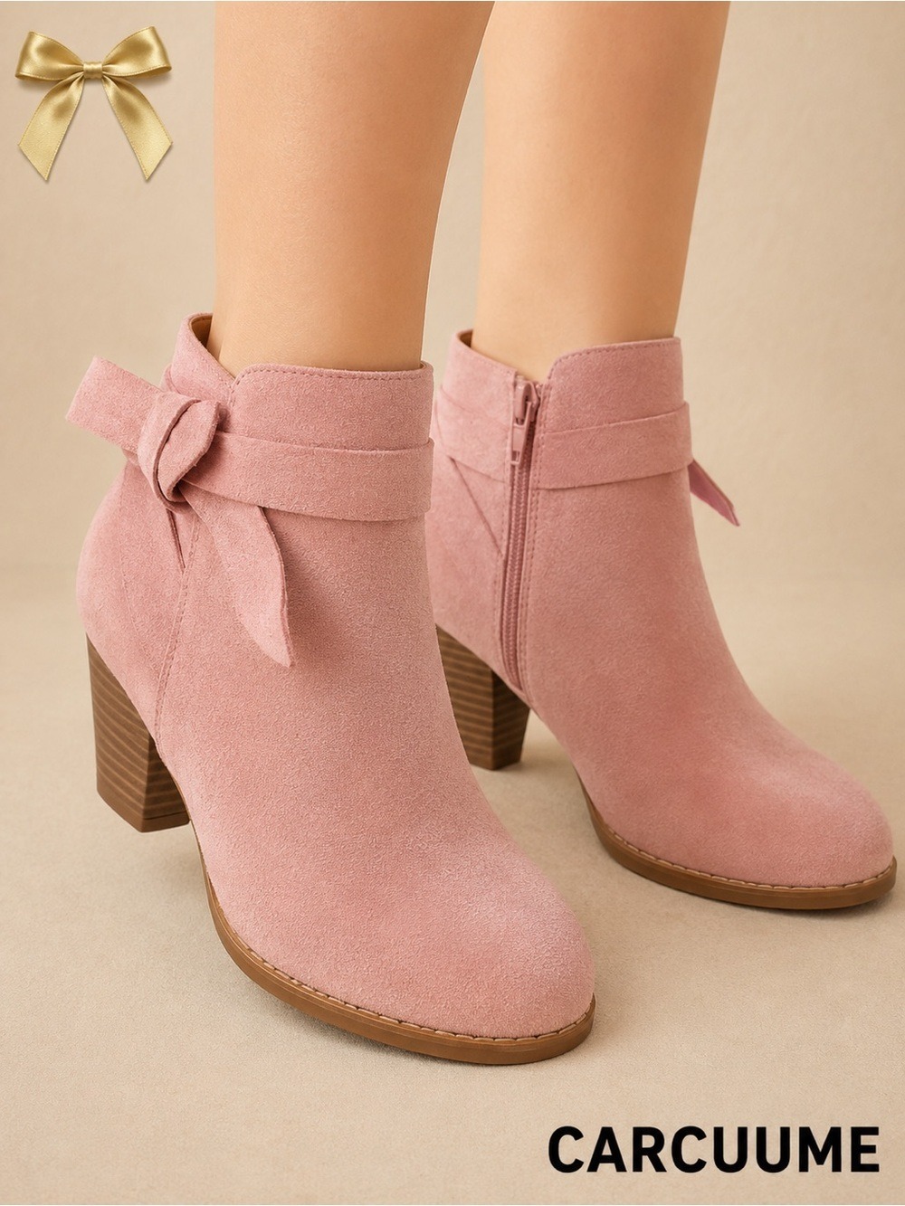 Carcuume Pink Faux Suede Bow Ankle Booties Block Heel Size 7